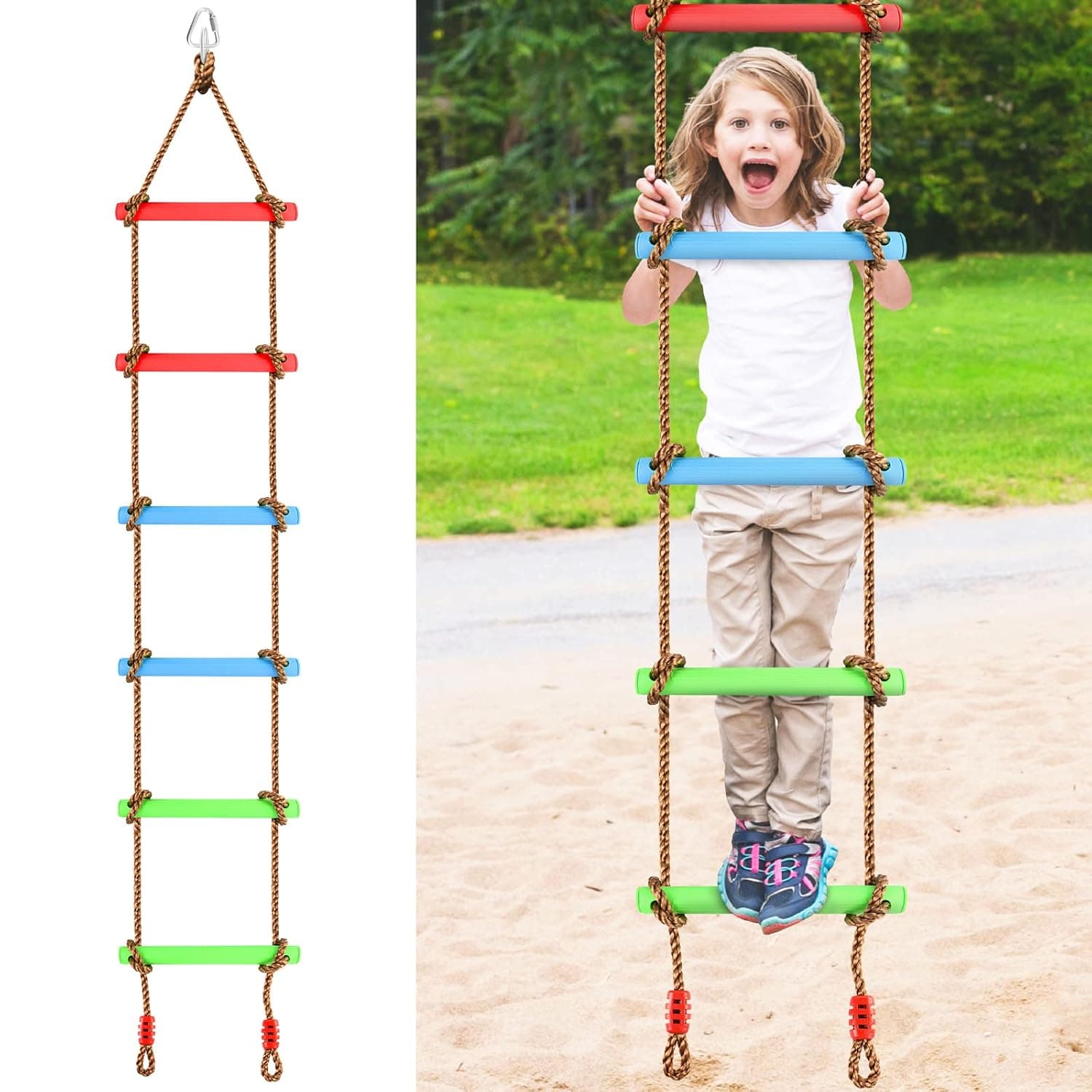 Kids 6-Rung Climbing Rope Ladder with Colorful Wooden/Plastic Dowels